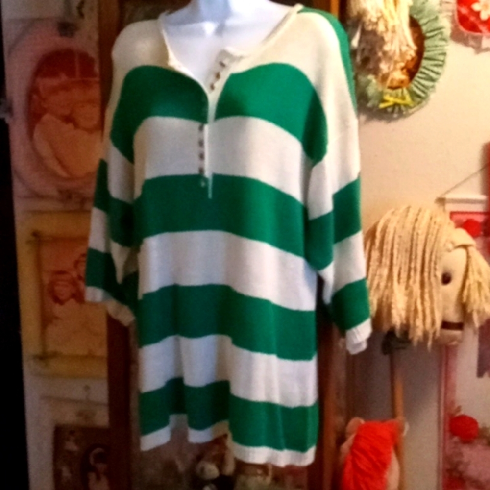 Vintage 80's, Super BIG,Oversized, LONG Green & White Striped Sweater